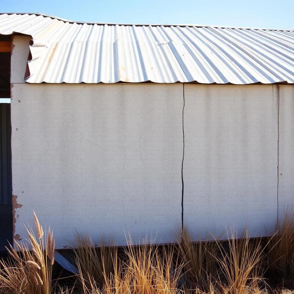 Weathered fibro-cement wall of an older Australian outbuilding under harsh sunlight