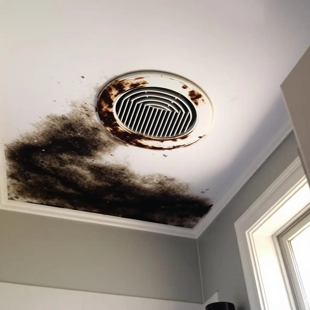 Black mould spreading across a Sydney bathroom ceiling around an exhaust fan vent