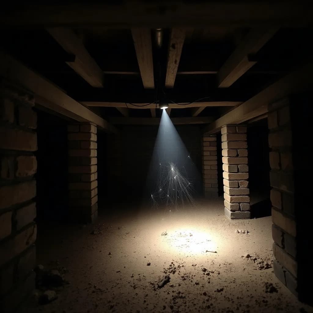 Dark Sydney subfloor crawlspace with brick piers, timber bearers and a torch beam cutting through the dust