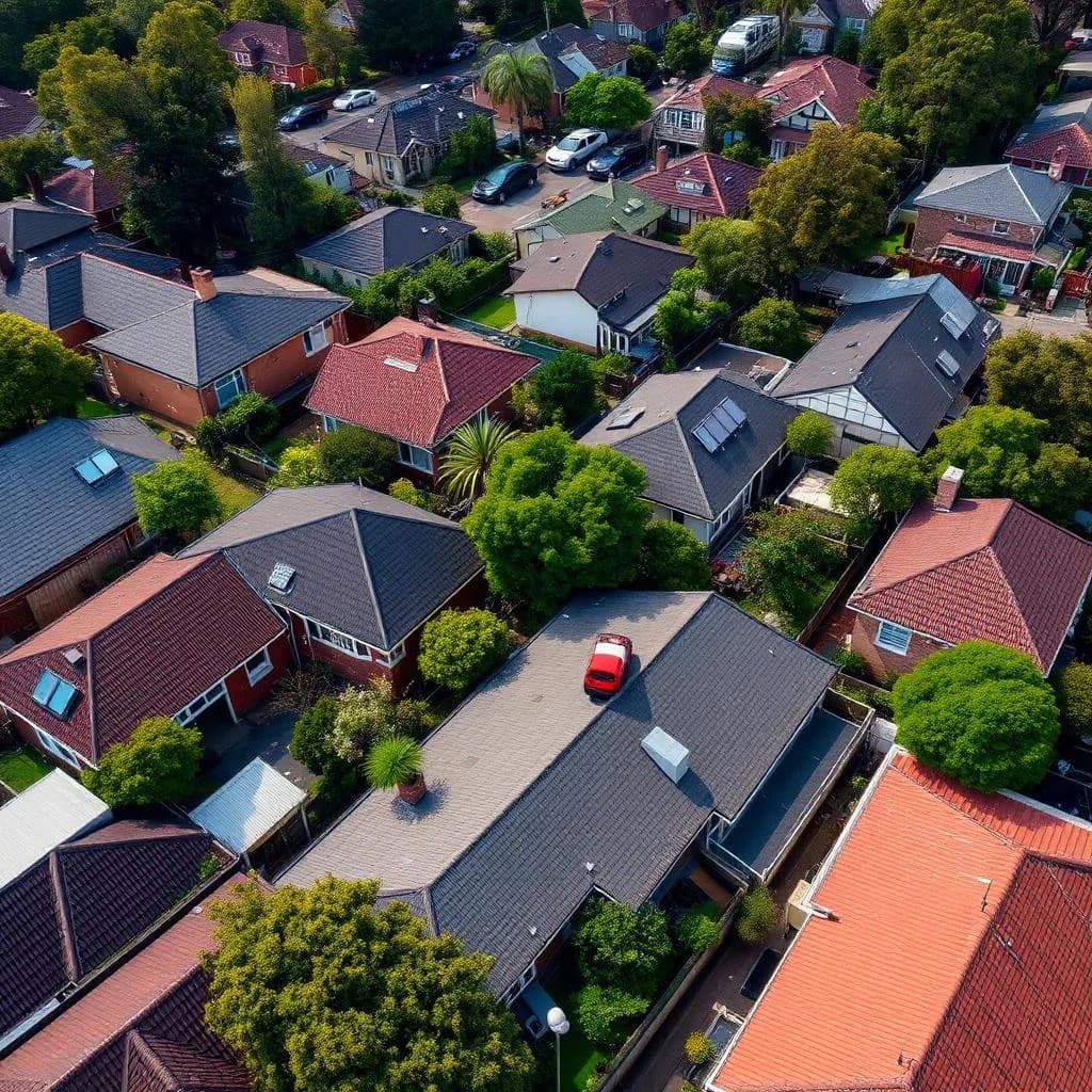 Aerial view of a Sydney residential suburb showing rooftops and tree canopy