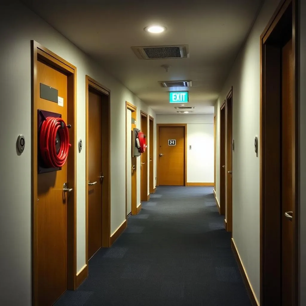 Interior common hallway of a modern Sydney apartment building with numbered doors, fire hose reel and exit sign