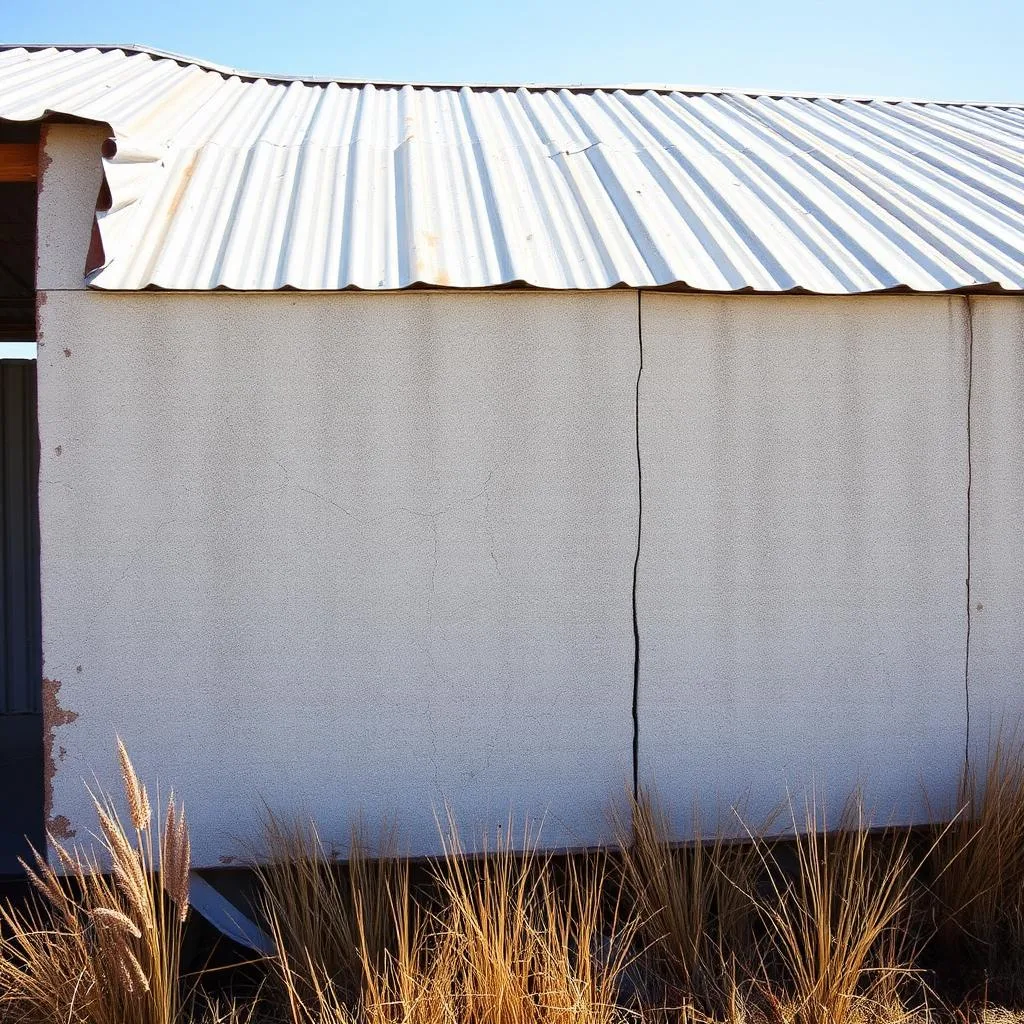 Weathered fibro-cement wall of an older Australian outbuilding under harsh sunlight