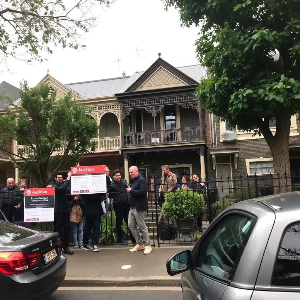 Sydney inner-west terrace on auction morning with crowd gathering on the footpath