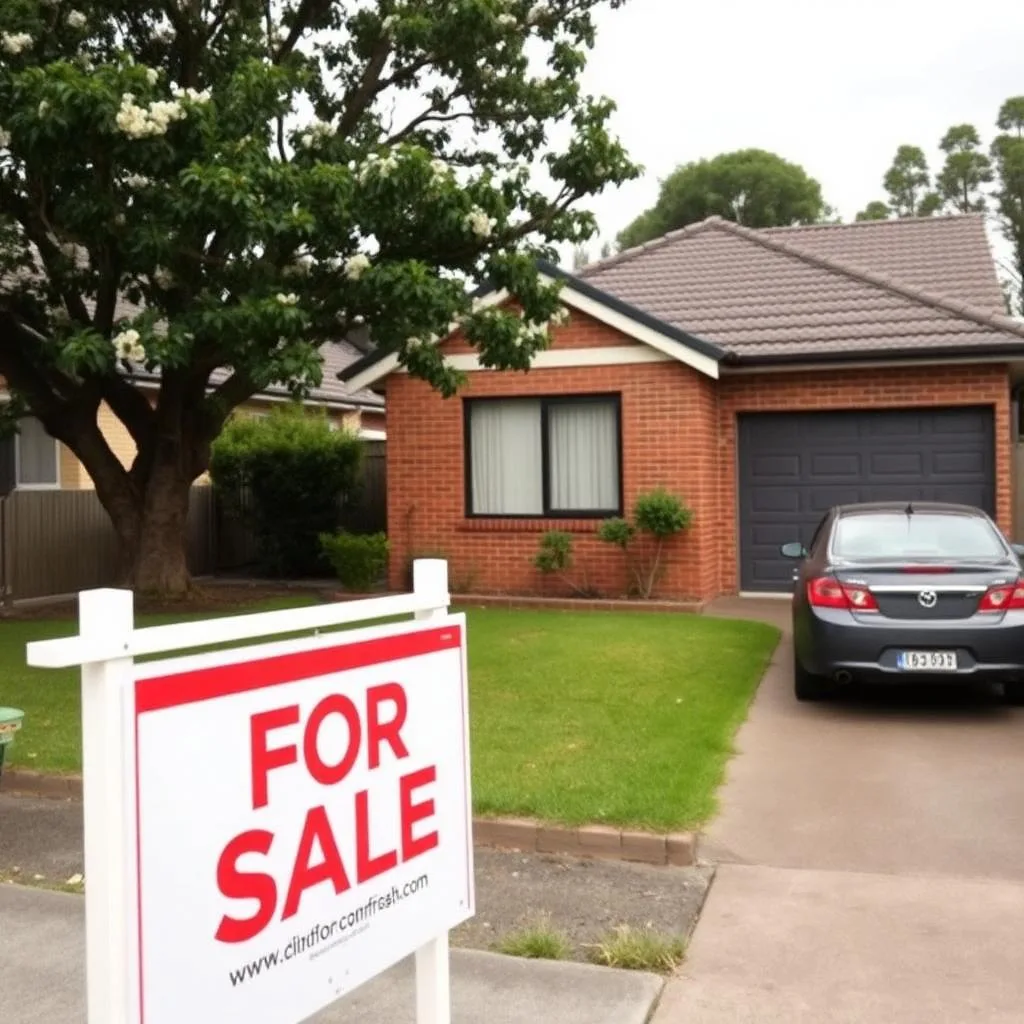 Red "For Sale" sign in front of a Sydney brick-veneer family home with tiled roof