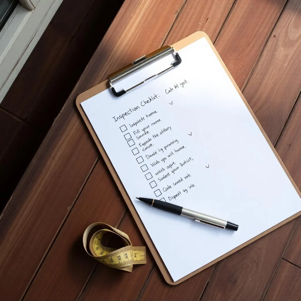 Clipboard with a handwritten inspection checklist and pen resting on a weathered Australian verandah floor