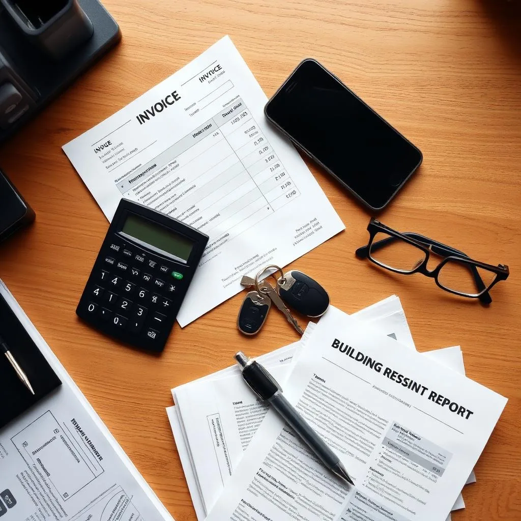 Flat-lay of an invoice, calculator, house keys and a folded building inspection report on a timber desk