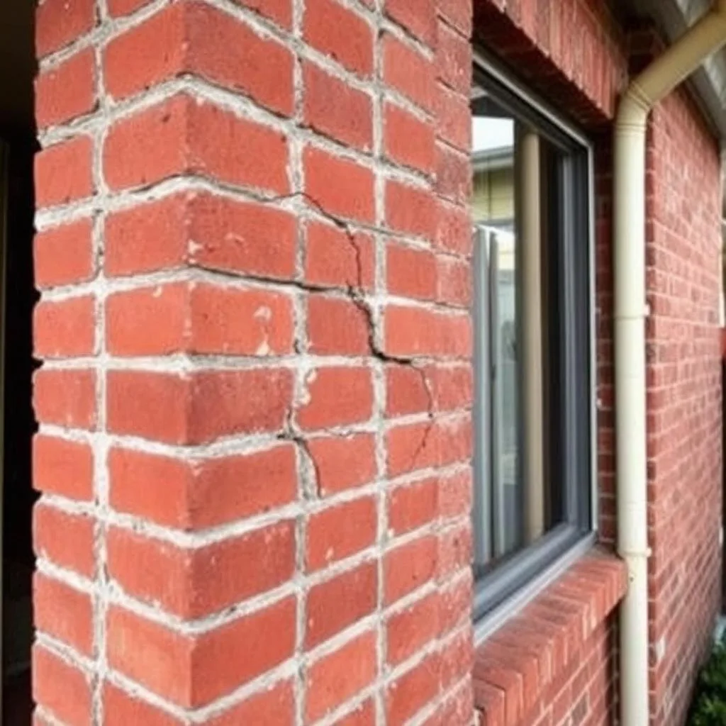 Stepped mortar crack running down a red-brick wall beside a window on a Sydney home
