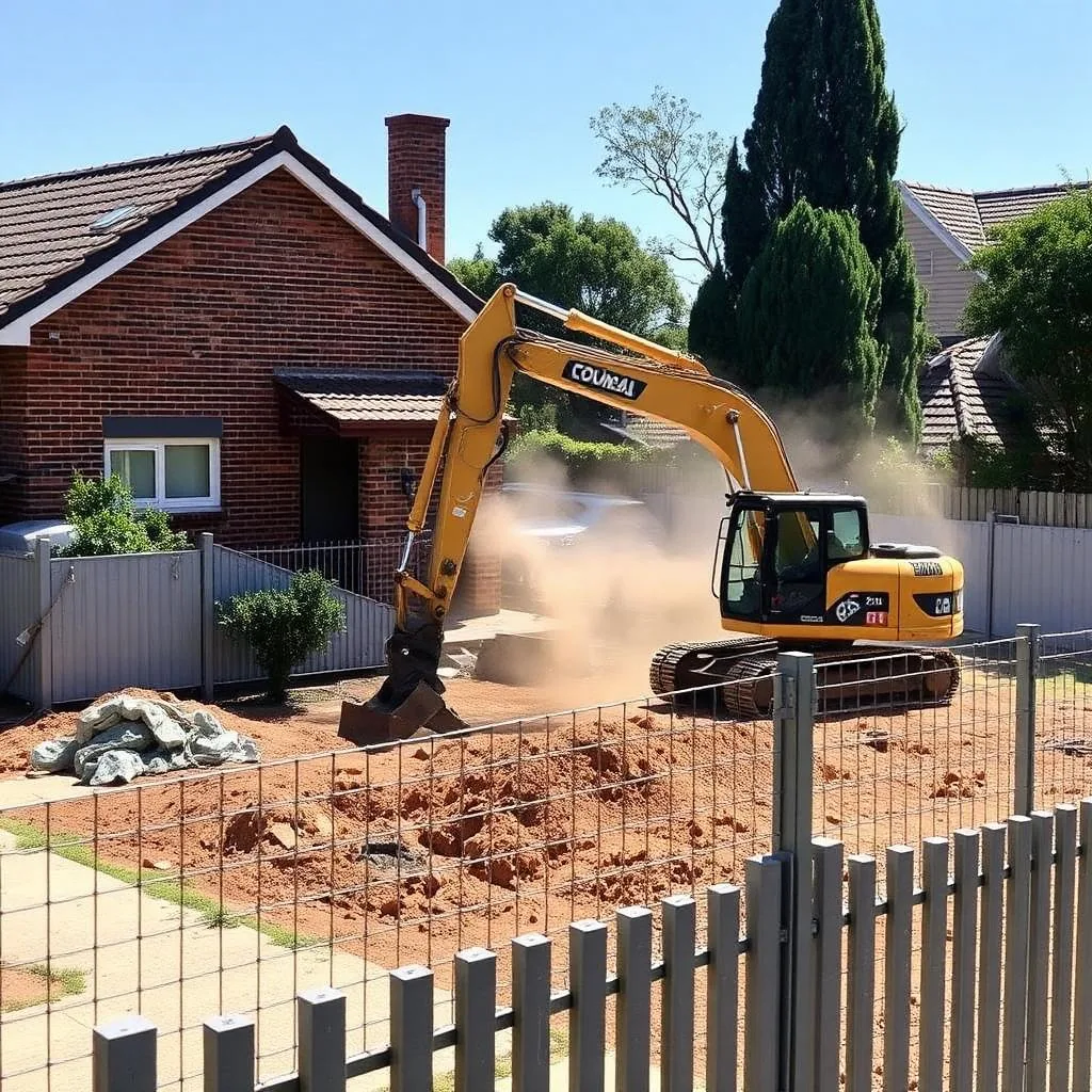Excavator working next to an existing Sydney brick home over a shared boundary fence