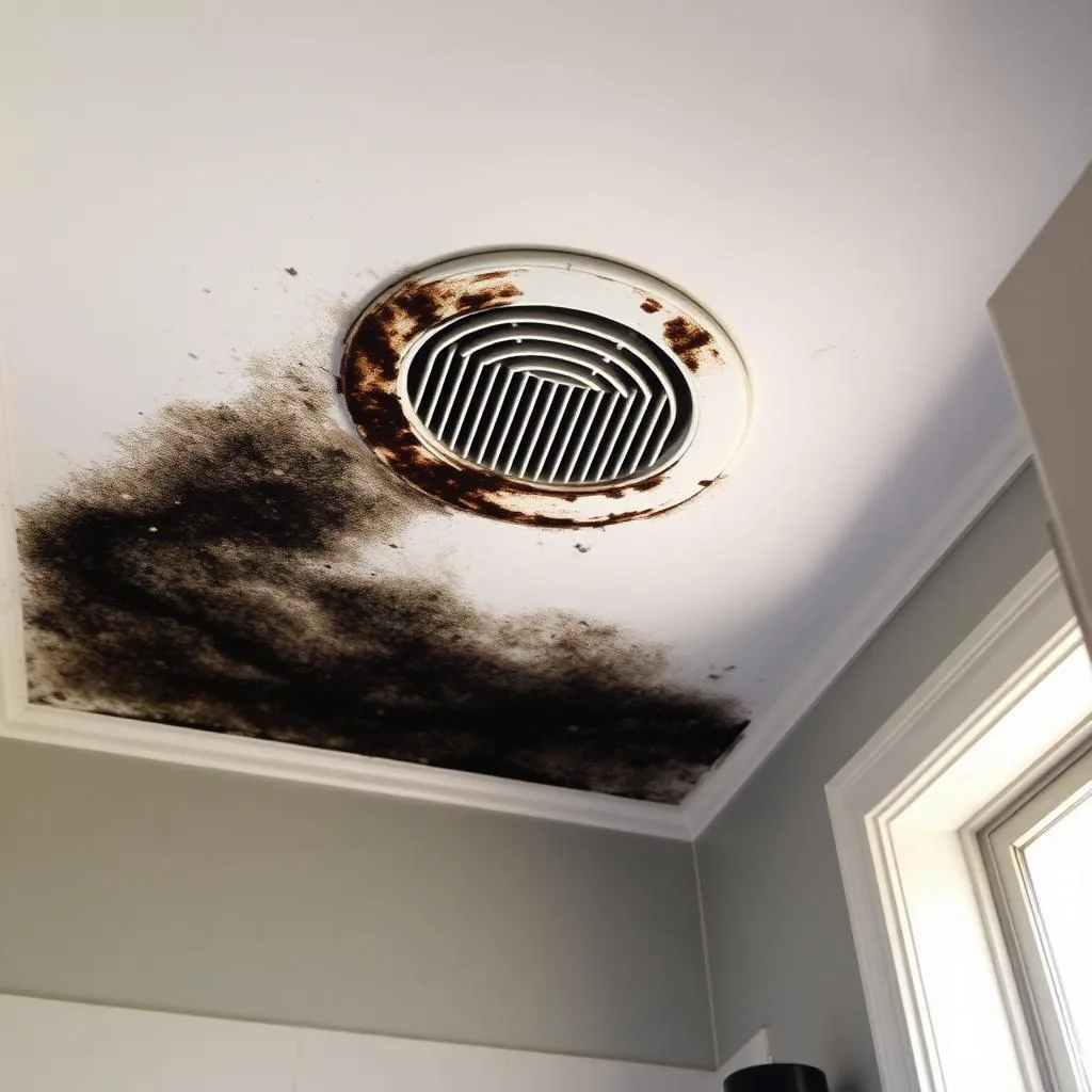 Black mould spreading across a Sydney bathroom ceiling around an exhaust fan vent
