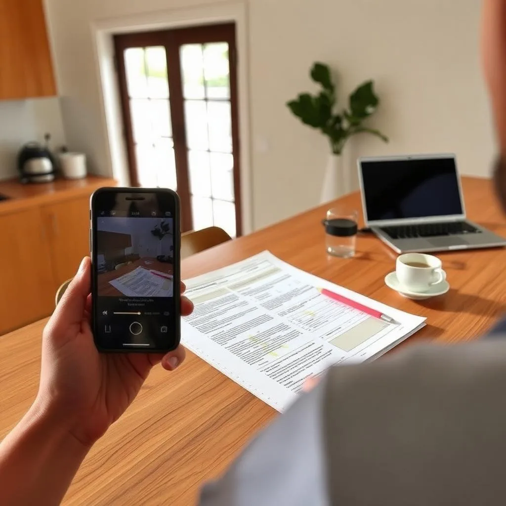 Buyer reviewing a highlighted printed building inspection report at a kitchen bench with laptop and coffee