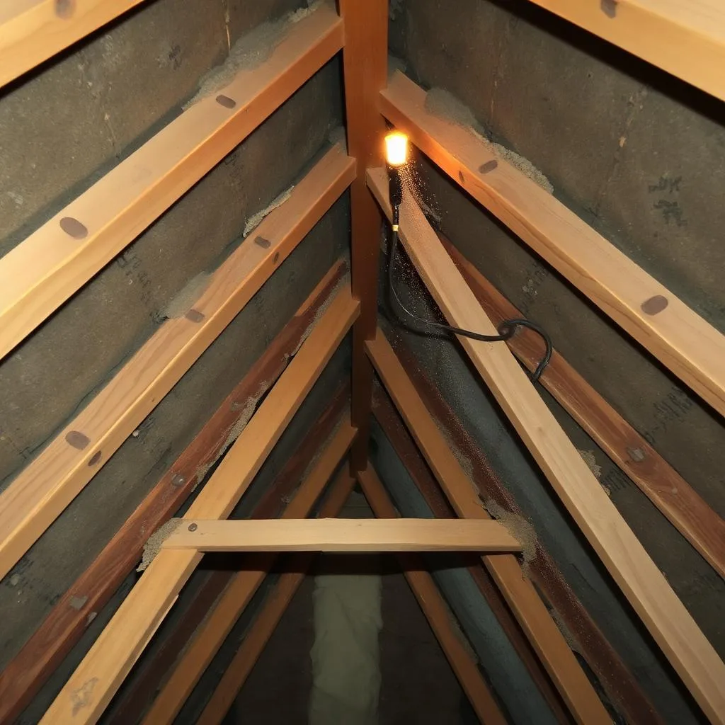 Inside a dusty Australian roof cavity with exposed timber trusses, sarking and torch beam