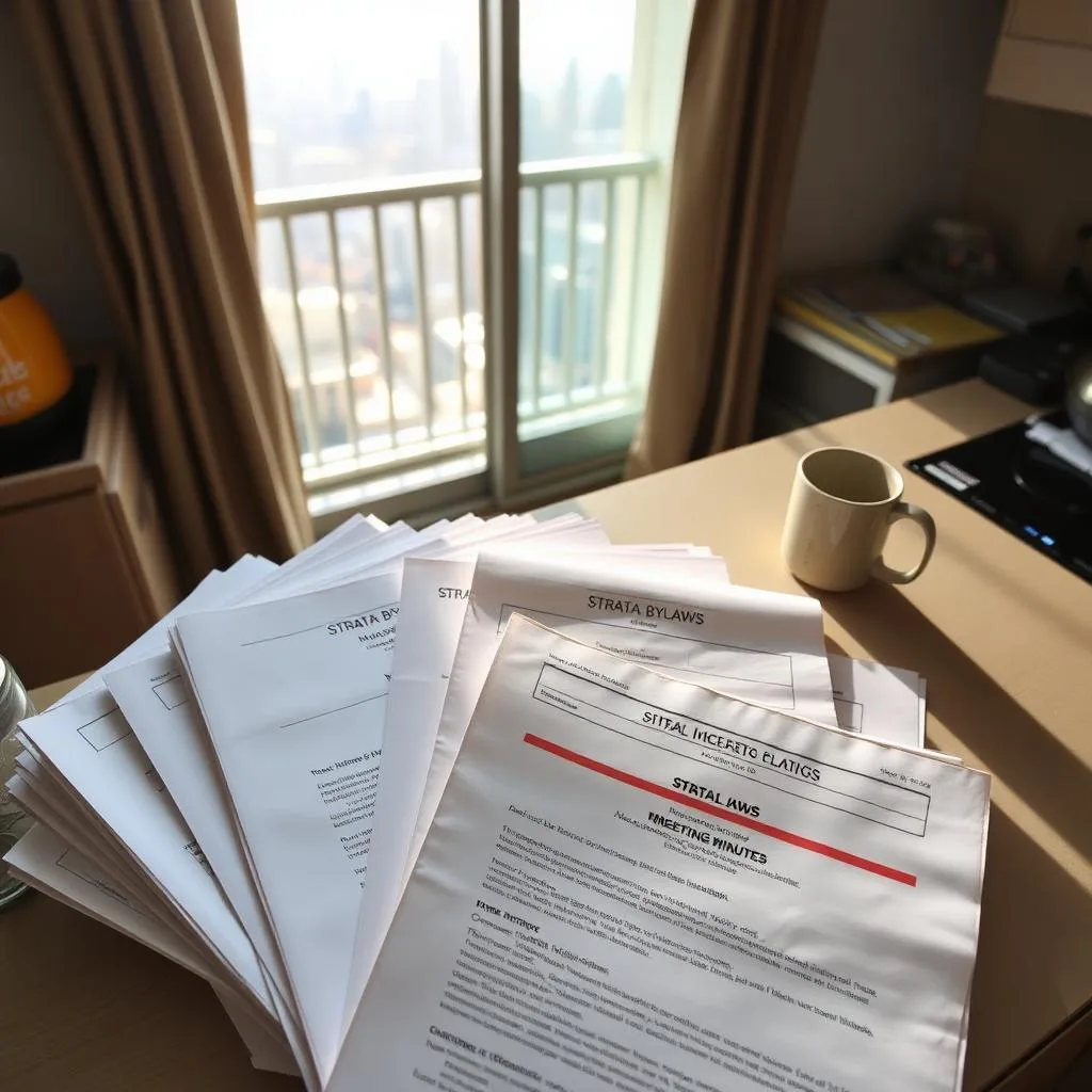 Stack of strata bylaws and meeting minutes on an apartment kitchen bench with Sydney skyline through the balcony door