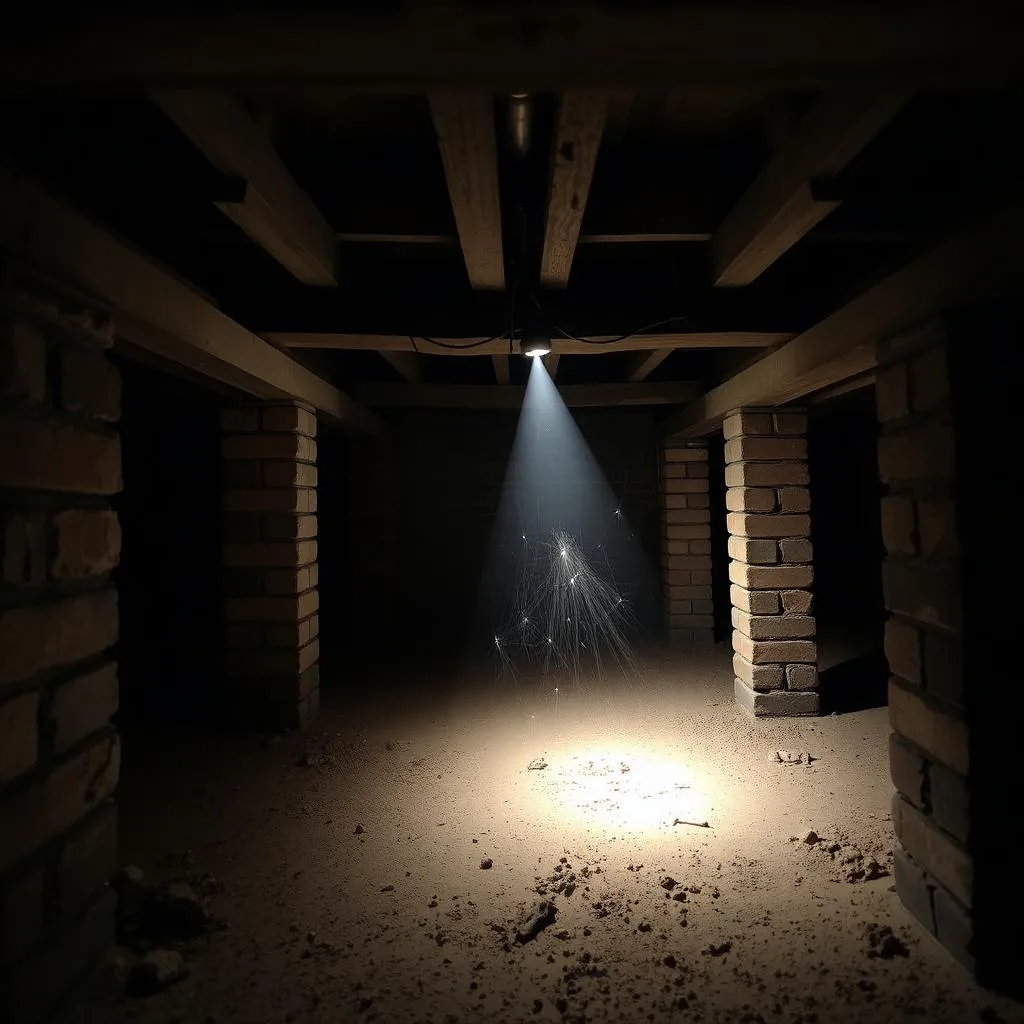 Dark Sydney subfloor crawlspace with brick piers, timber bearers and a torch beam cutting through the dust