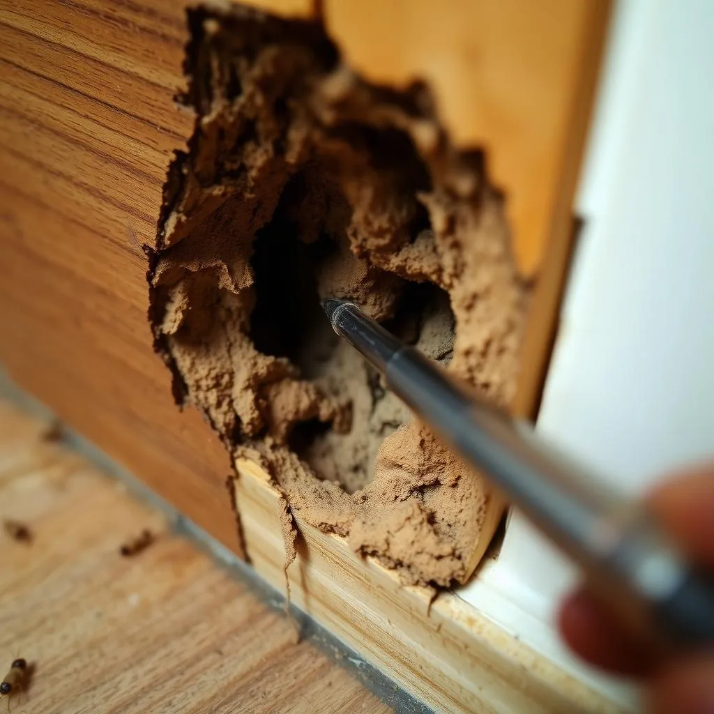 Screwdriver probing termite-damaged skirting exposing mud galleries inside the timber