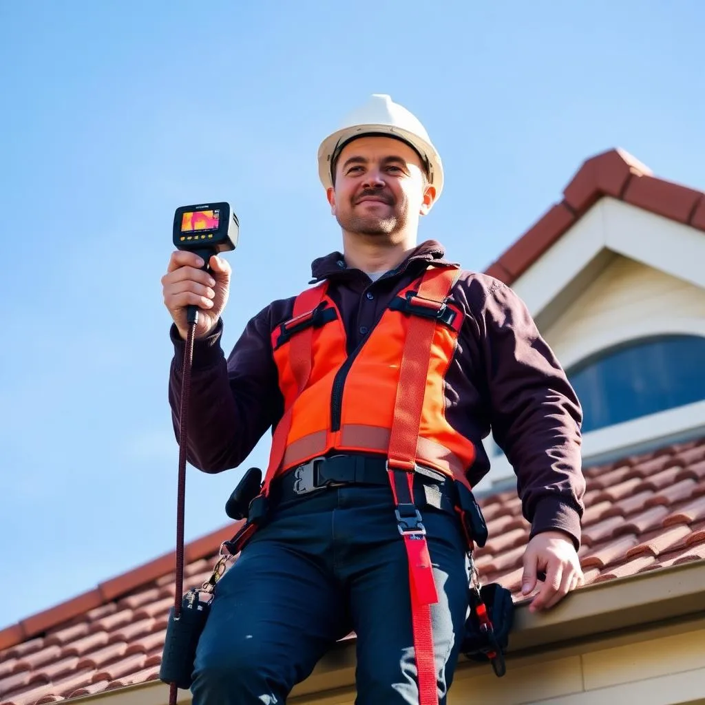 Inspector on the roof documenting flashings and tile condition on a Sydney home