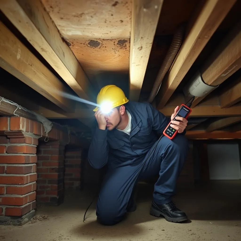 Inspector in a Sydney subfloor with torch and moisture meter checking timber joists
