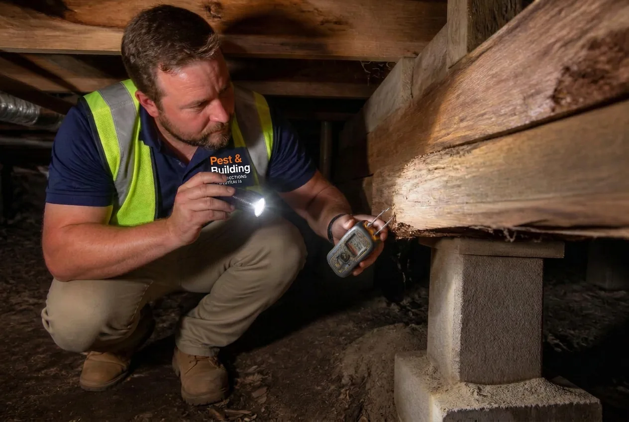 Subfloor inspection under a Sydney home — probing bearers and joists for termite damage, rot and moisture.