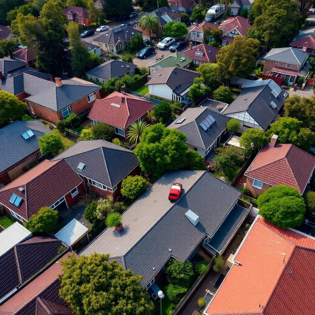 Aerial view of a Sydney residential suburb showing rooftops and tree canopy