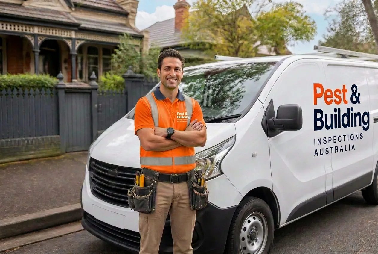 Pest & Building Inspections Australia inspector standing in front of the service vehicle on a Sydney street